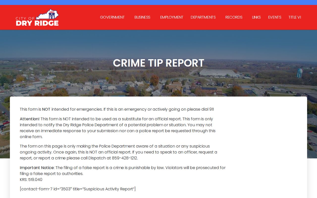 Dry Ridge crime tip page explaining police information limits