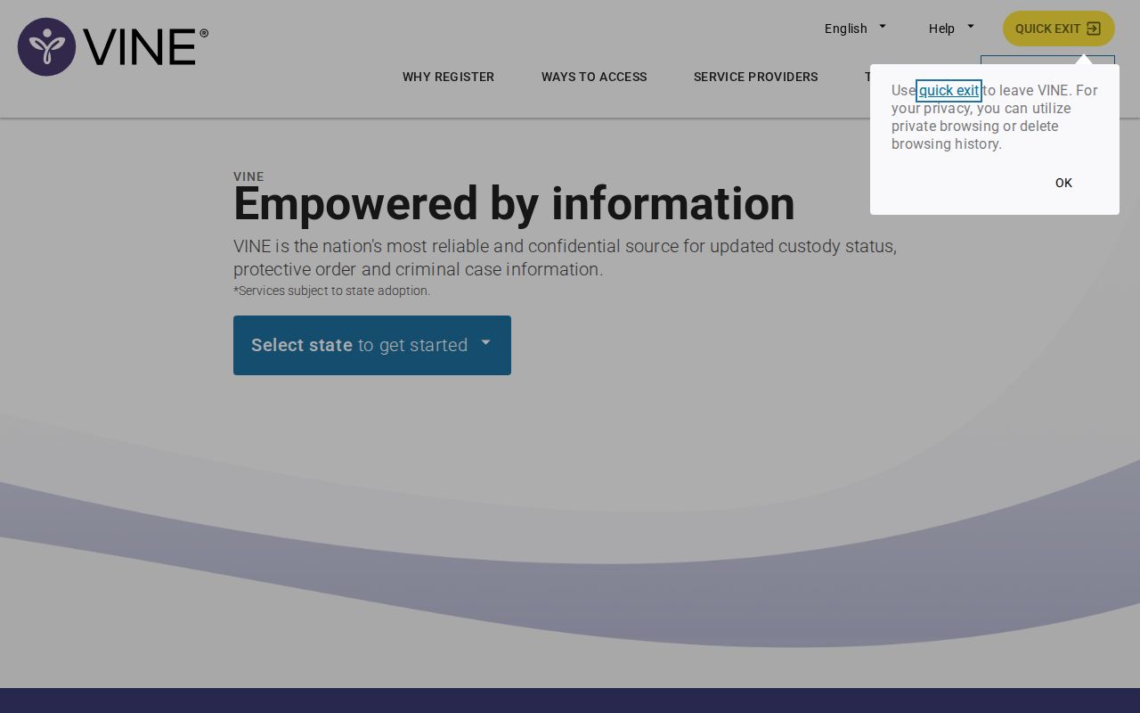 Official VINELink landing and jurisdiction search interface