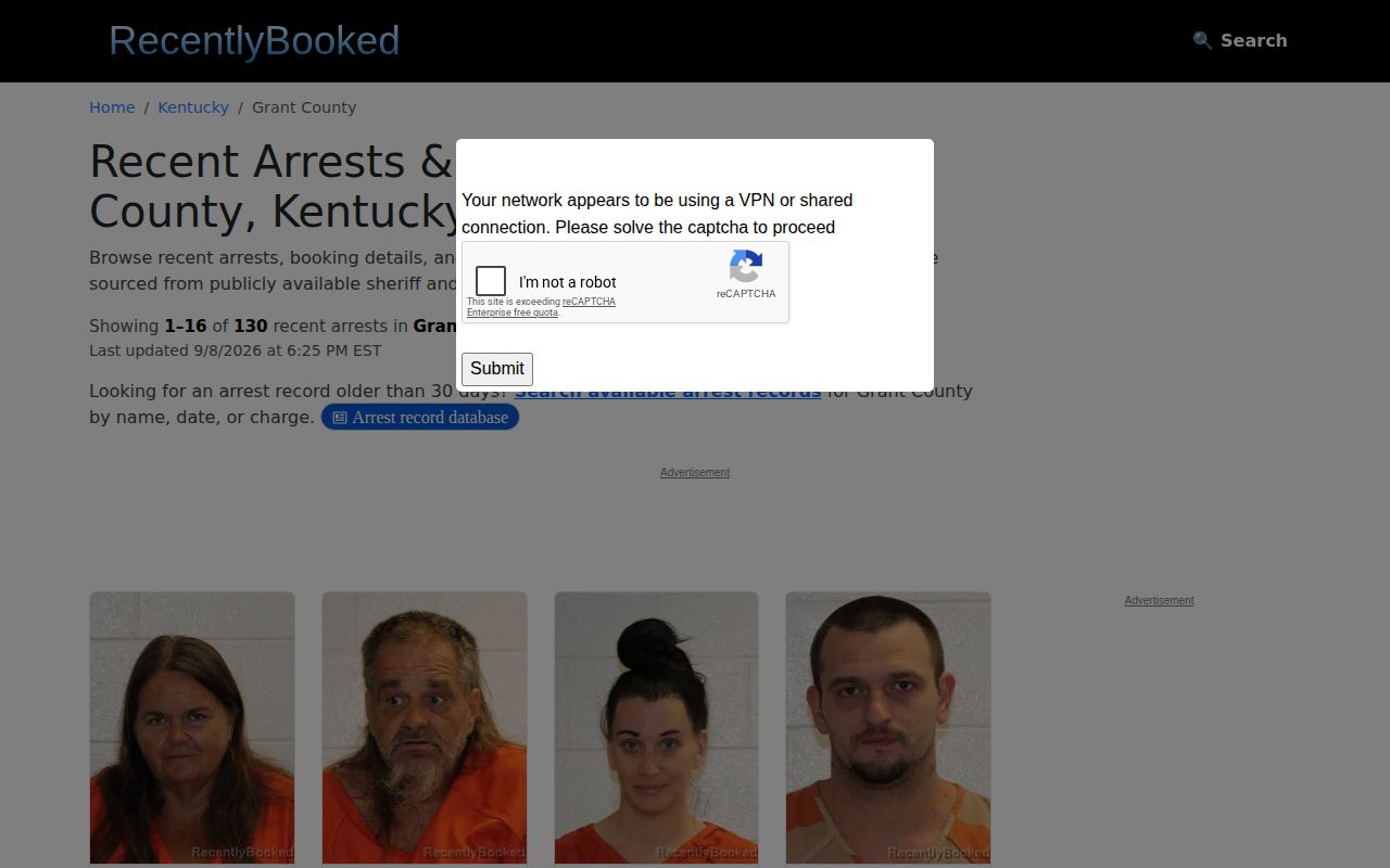 Unofficial RecentlyBooked Grant County landing page and date controls